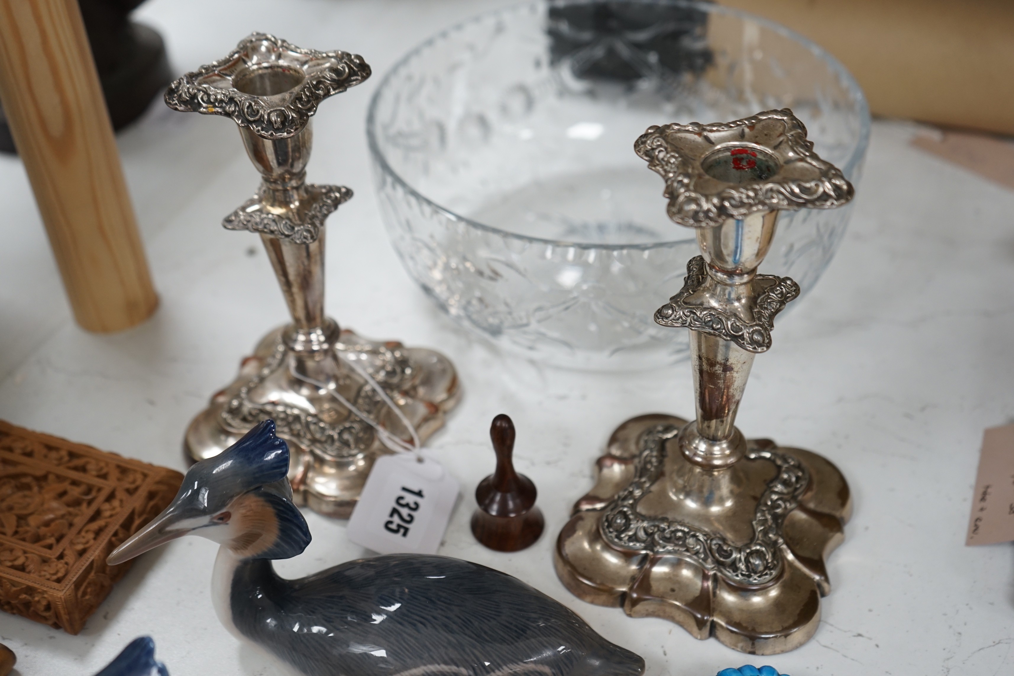 Two Royal Copenhagen mandolin ducks, mixed treen, glass and plated ware, etc.